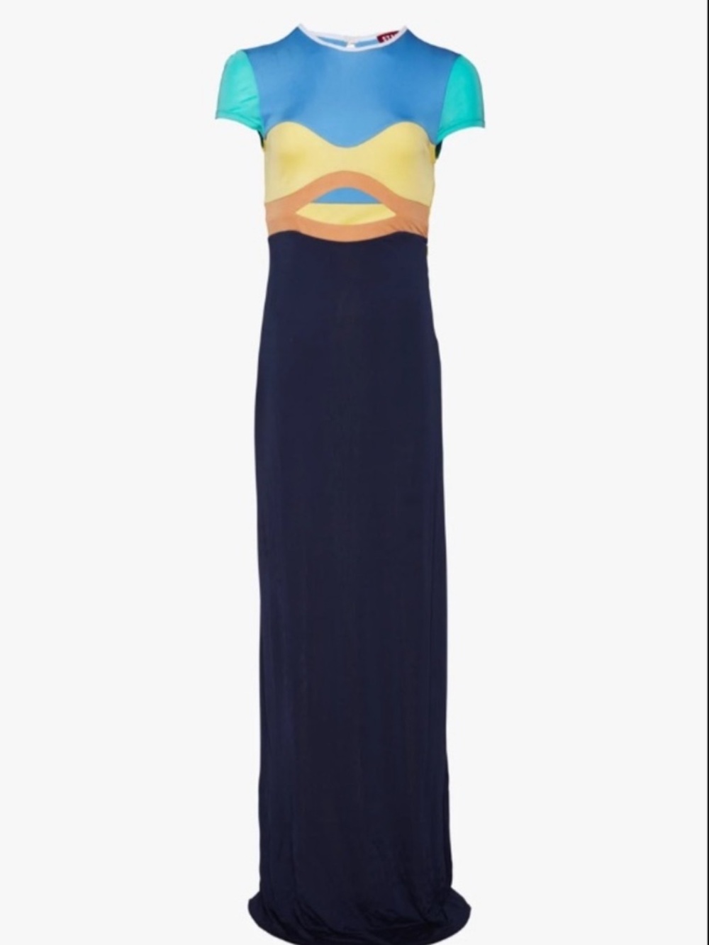 STAUD Multicolor Colorblock Maxi Dress in Navy, Yellow, Turquoise